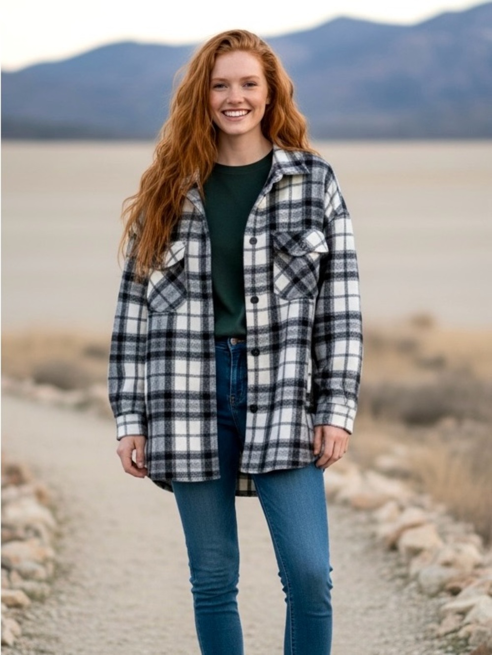 Dex Shacket, Black & White Plaid, 2X